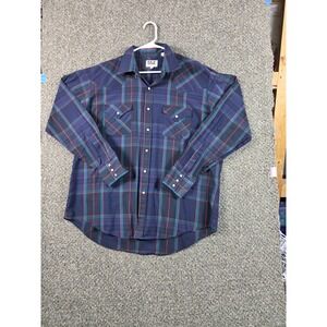 Ely Cattleman Button Down Shirt Mens 17.5 36 Blue Plaid Pearl Snap Western Work